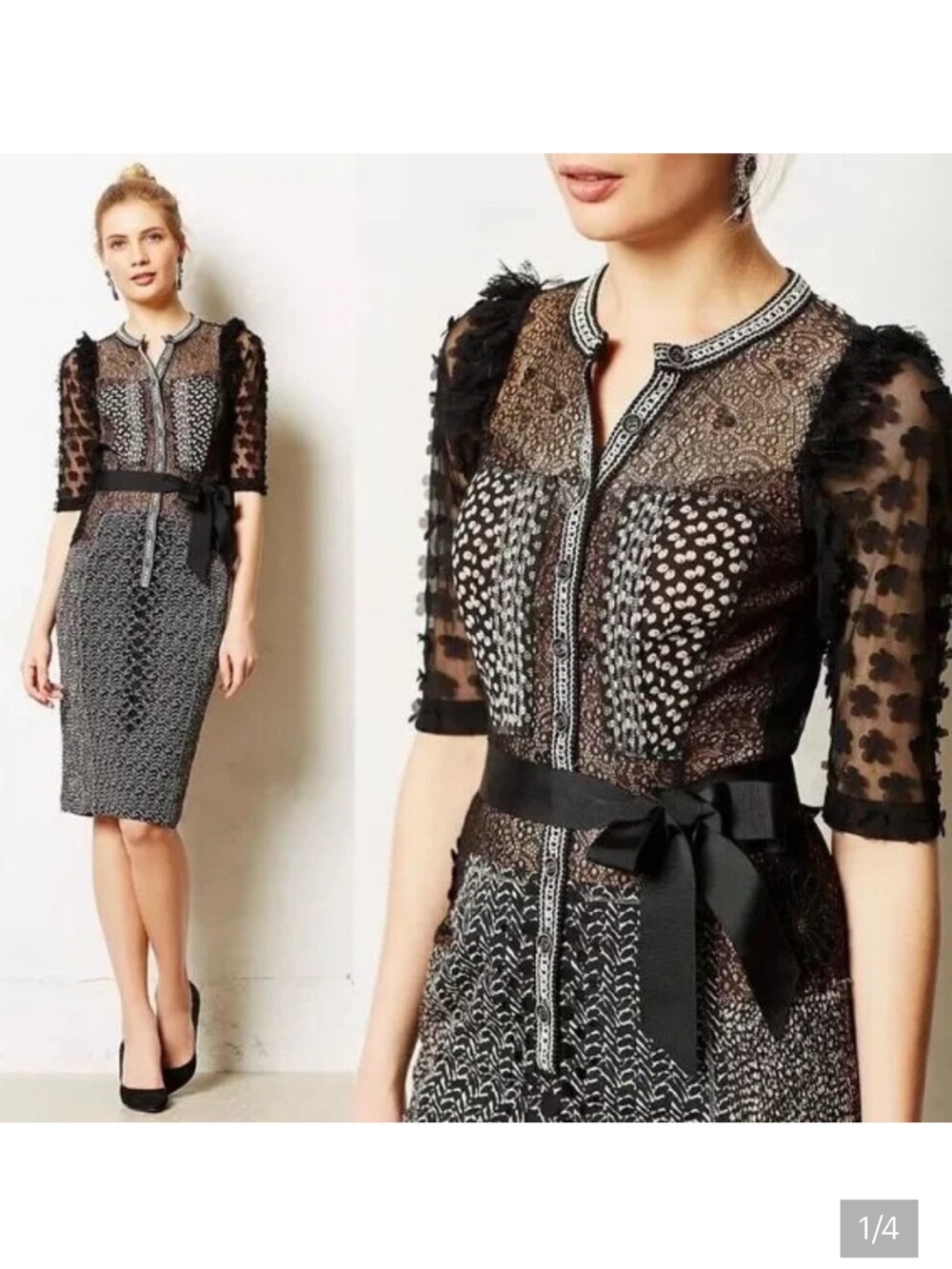 Byron Lars Beguile Black Lace Midi Dress w/ Ribbon Waist Belt NEW
